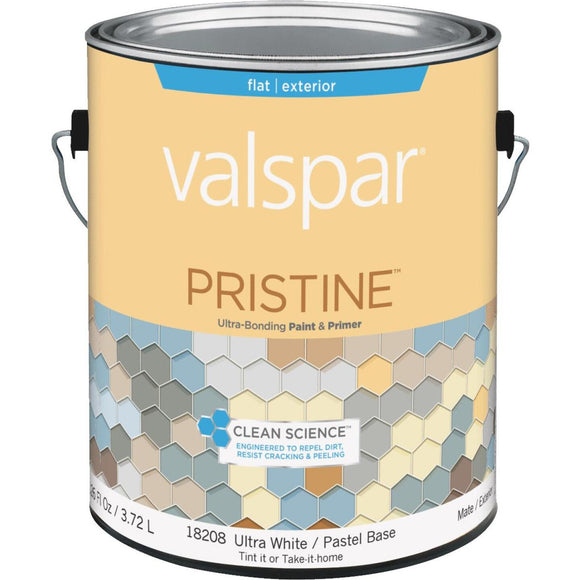 Valspar Pristine 100% Acrylic Paint & Primer Flat Exterior House Paint, Ultra White/Pastel Base, 1 Gal.