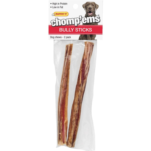 Ruffin' it Chomp'ems Bully Stick Medium & Large Dog Beef Flavor Chewy Dog Treat (2-Pack)