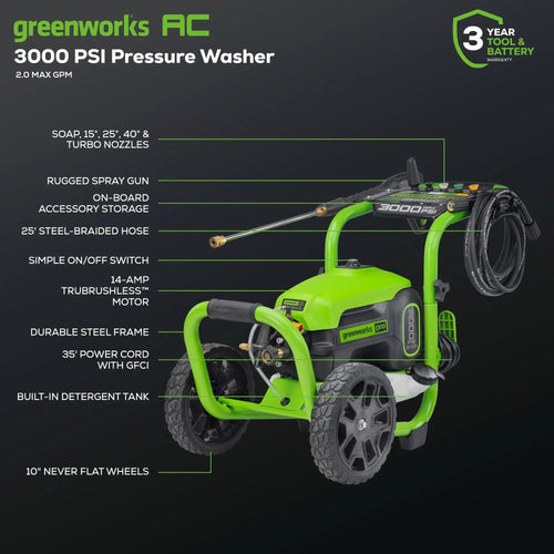 Greenworks 3000 PSI 2.0 GPM Cold Water Electric Pressure Washer