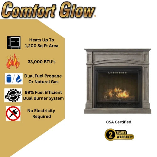 World Marketing Comfort Glow Dual Fuel Ventless Gas Fireplace w/ Remote Heats Up To 1200 sq ft - GFD4605R